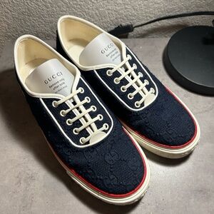 Gucci Men's embroidered Dark Blue Sneakers with White and Red Trim